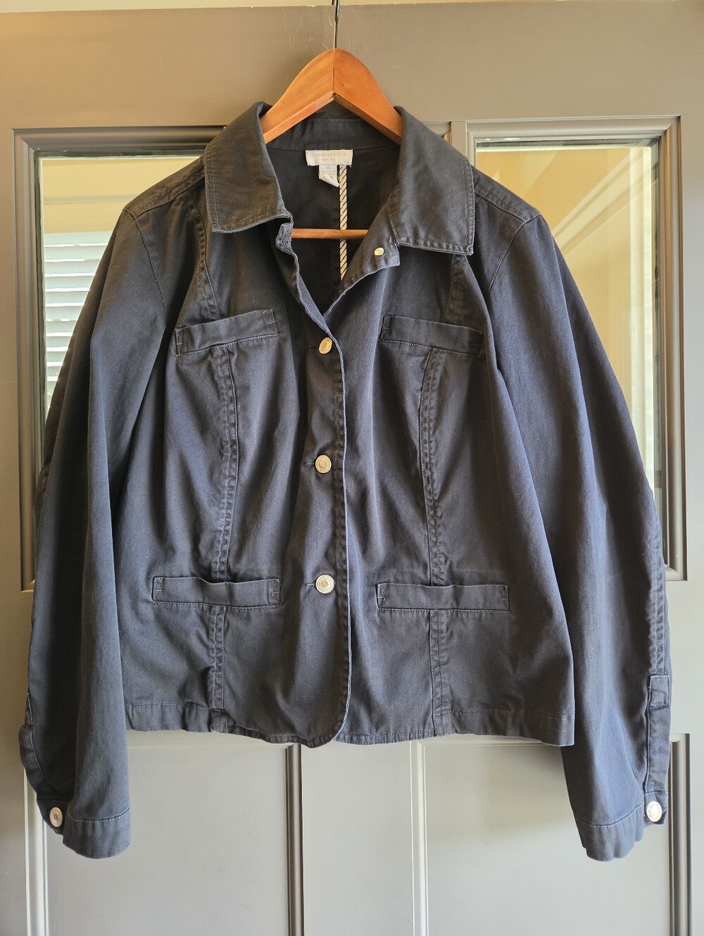 Charter Club Petite Black Cotton Utility Jacket Button-Up Lightweight Blazer M